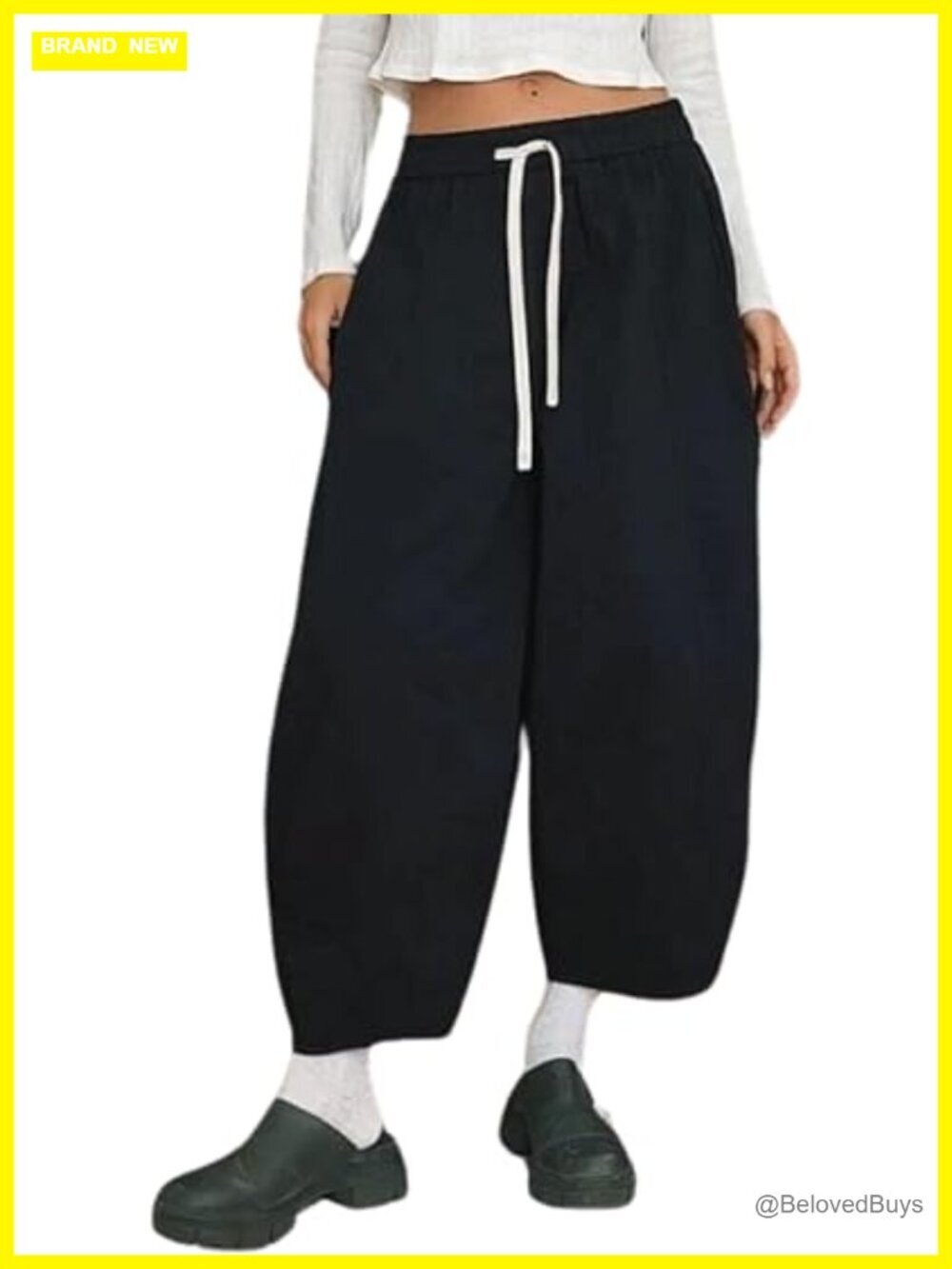 Women's Cotton Wide Leg Barrel Pants with Pockets Drawstring Elastic Waist